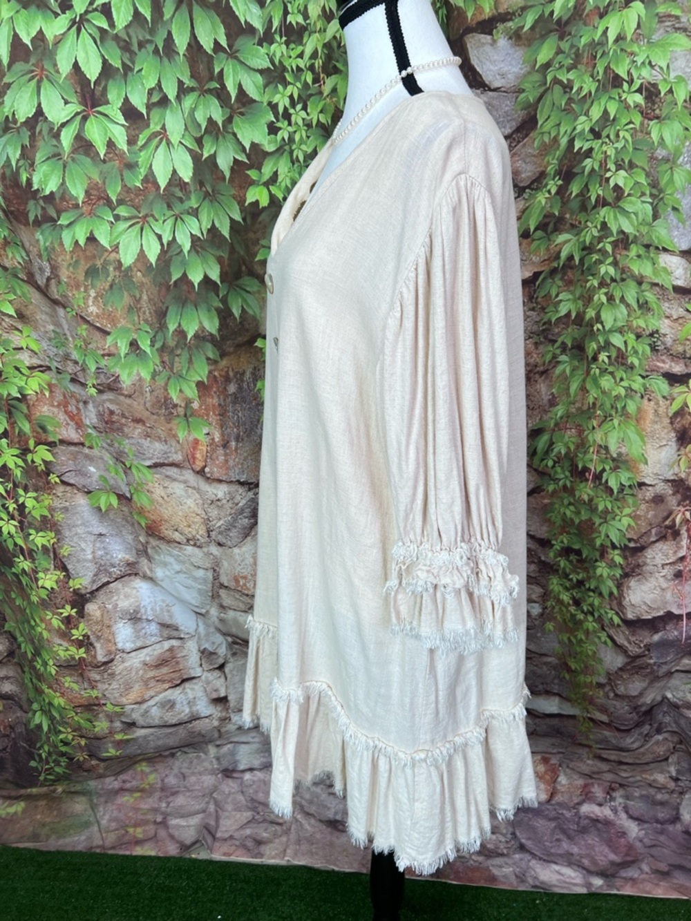 MAZIK Linen Blend Fringed Ruffle Trim Quiet Luxury Shift Dress, L - Picture 6 of 11